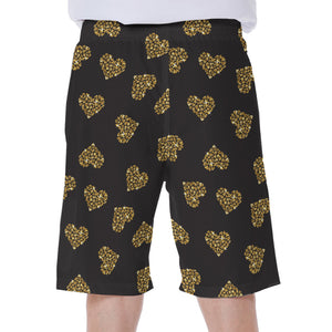 Gold Heart (NOT Real) Glitter Print Men's Beach Shorts