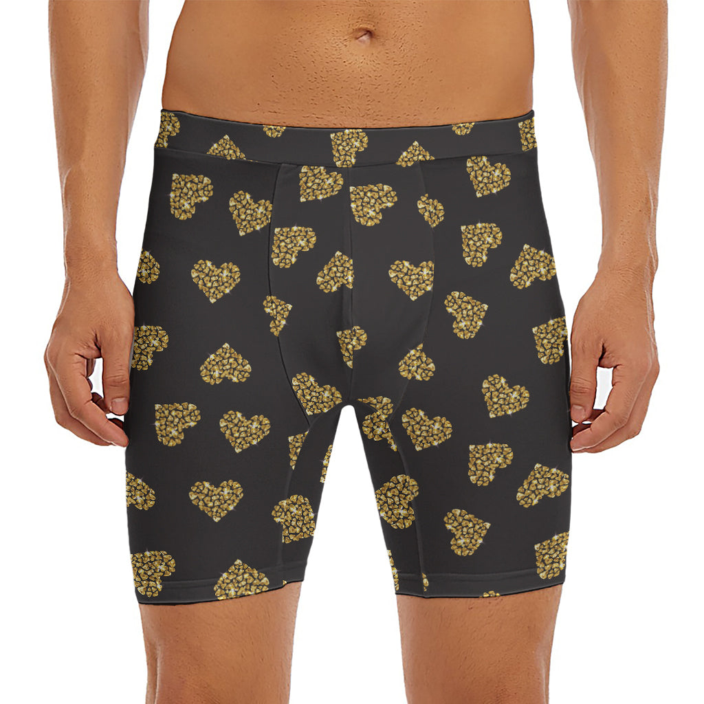 Gold Heart (NOT Real) Glitter Print Men's Long Boxer Briefs