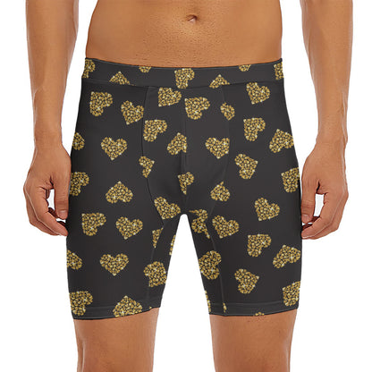 Gold Heart (NOT Real) Glitter Print Men's Long Boxer Briefs