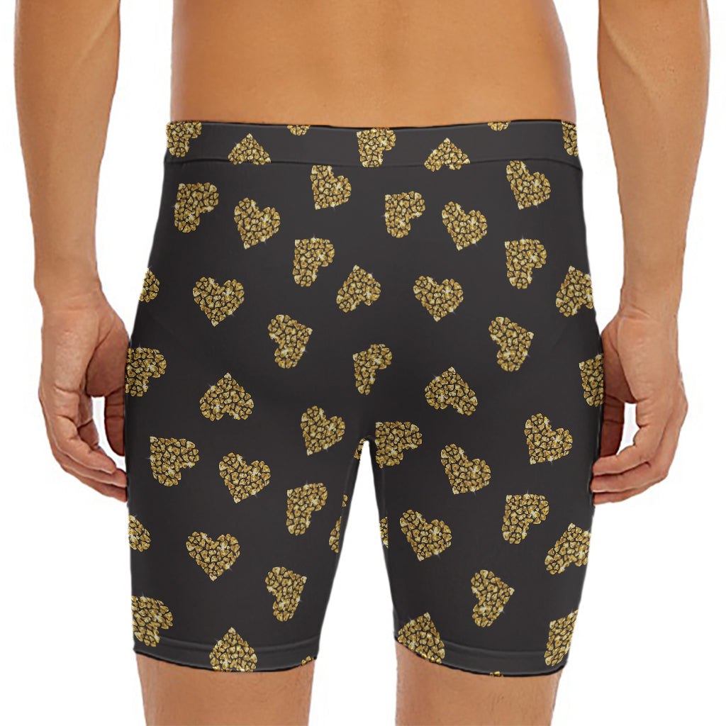 Gold Heart (NOT Real) Glitter Print Men's Long Boxer Briefs