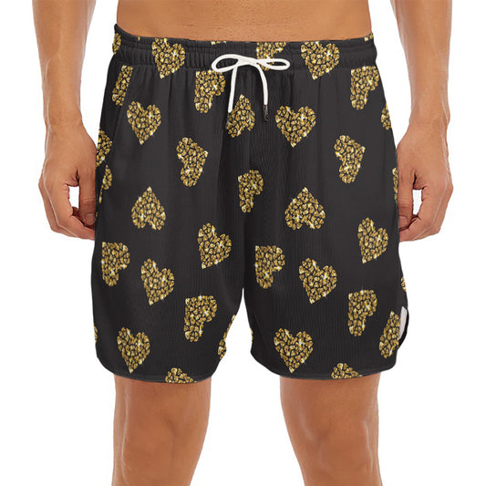 Gold Heart (NOT Real) Glitter Print Men's Split Running Shorts
