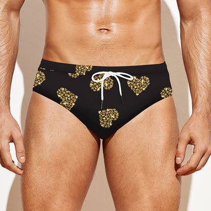 Gold Heart (NOT Real) Glitter Print Men's Swim Briefs