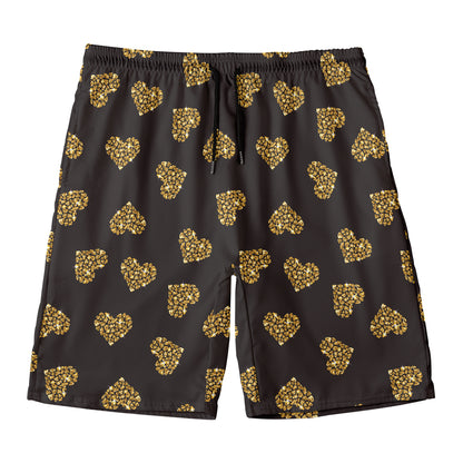 Gold Heart (NOT Real) Glitter Print Men's Swim Trunks