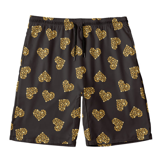 Gold Heart (NOT Real) Glitter Print Men's Swim Trunks