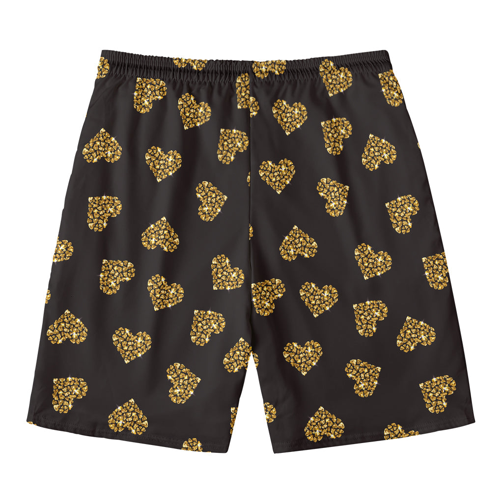 Gold Heart (NOT Real) Glitter Print Men's Swim Trunks