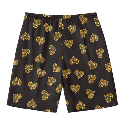 Gold Heart (NOT Real) Glitter Print Men's Swim Trunks