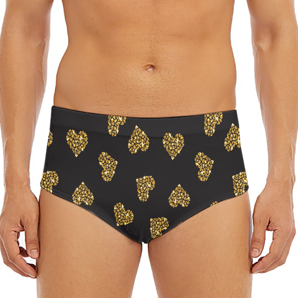 Gold Heart (NOT Real) Glitter Print Men's Triangle Swim Briefs