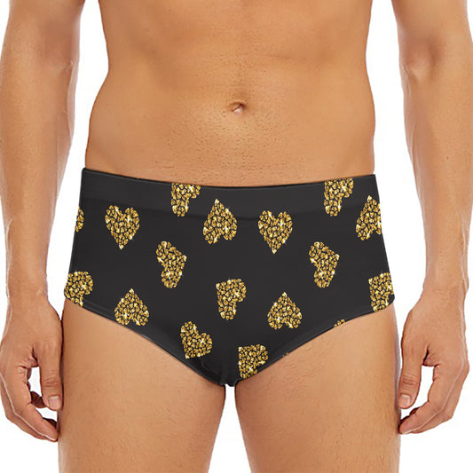 Gold Heart (NOT Real) Glitter Print Men's Triangle Swim Briefs