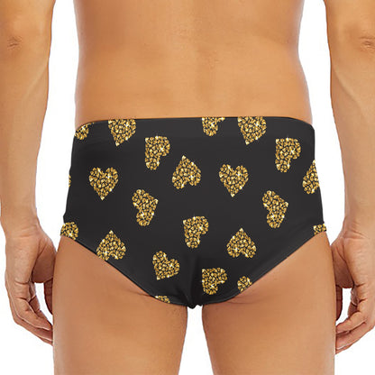 Gold Heart (NOT Real) Glitter Print Men's Triangle Swim Briefs