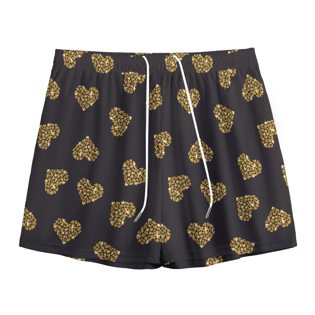 Gold Heart (NOT Real) Glitter Print Mesh Shorts