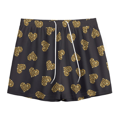 Gold Heart (NOT Real) Glitter Print Mesh Shorts