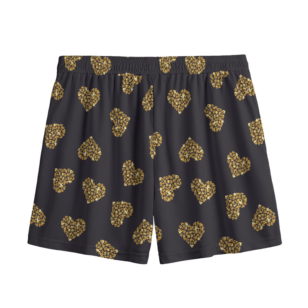 Gold Heart (NOT Real) Glitter Print Mesh Shorts