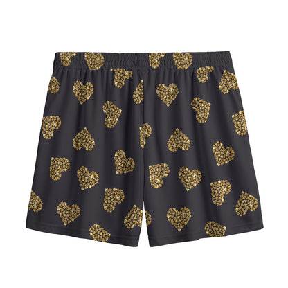 Gold Heart (NOT Real) Glitter Print Mesh Shorts