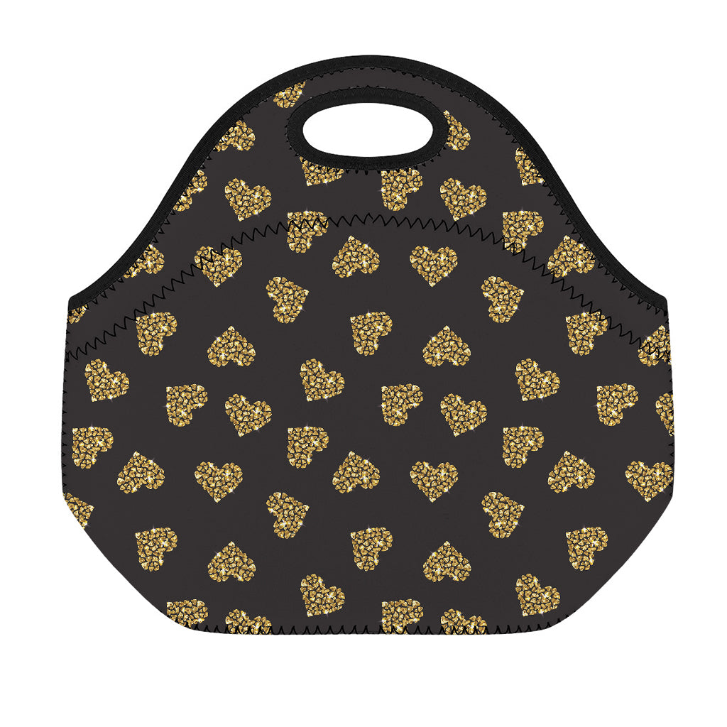 Gold Heart (NOT Real) Glitter Print Neoprene Lunch Bag