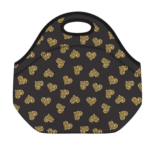 Gold Heart (NOT Real) Glitter Print Neoprene Lunch Bag