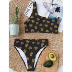 Gold Heart (NOT Real) Glitter Print One Shoulder Bikini Top