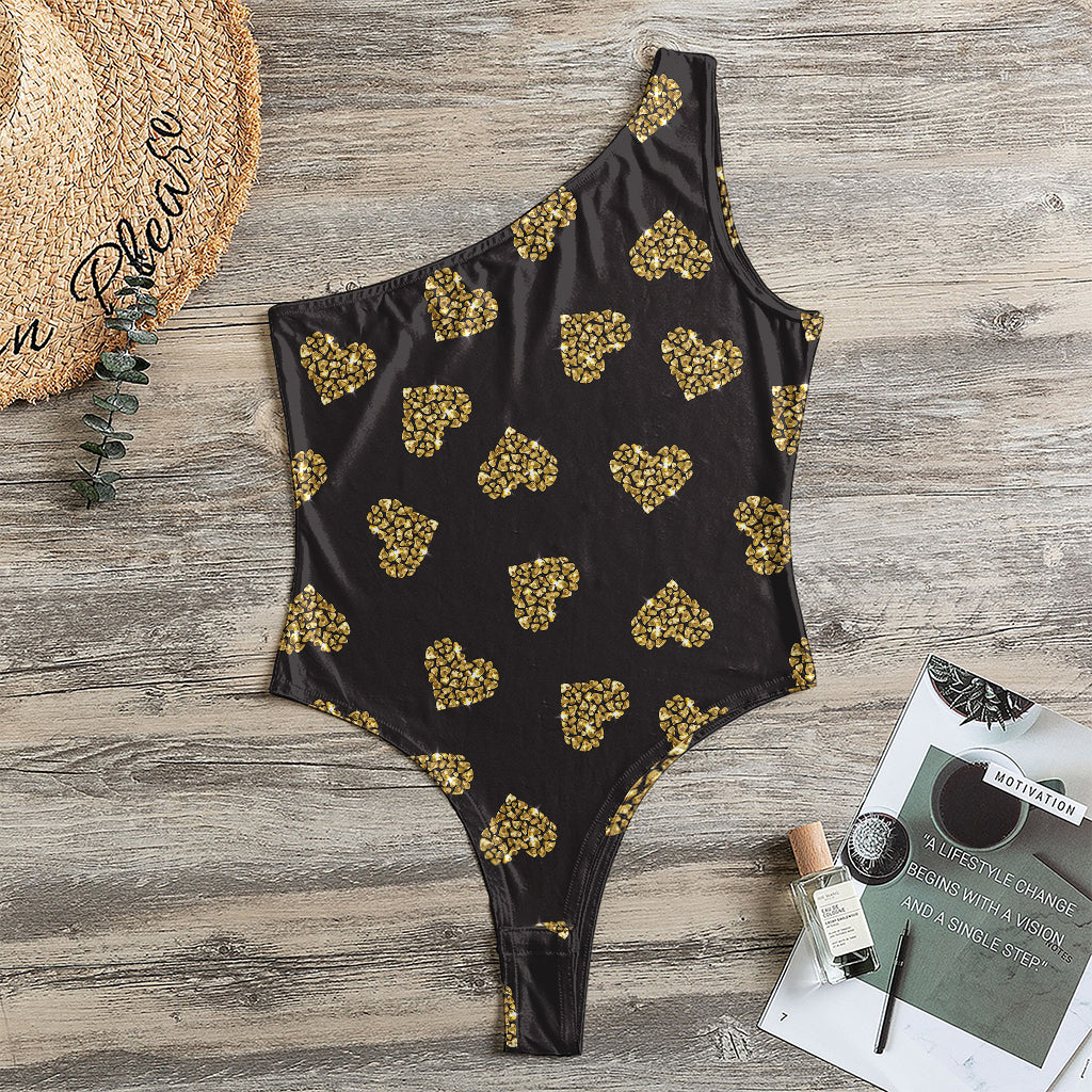 Gold Heart (NOT Real) Glitter Print One Shoulder Bodysuit