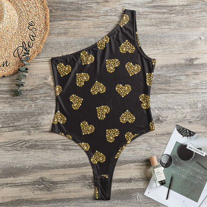 Gold Heart (NOT Real) Glitter Print One Shoulder Bodysuit