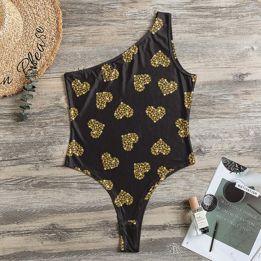 Gold Heart (NOT Real) Glitter Print One Shoulder Bodysuit