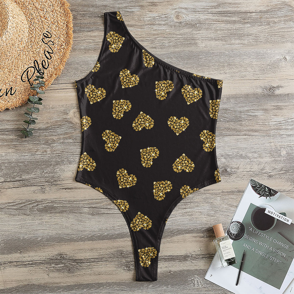 Gold Heart (NOT Real) Glitter Print One Shoulder Bodysuit