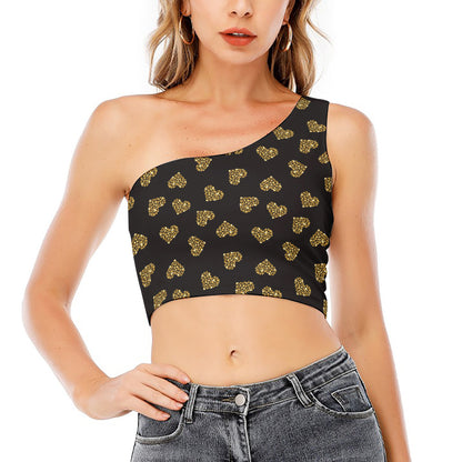 Gold Heart (NOT Real) Glitter Print One Shoulder Crop Top