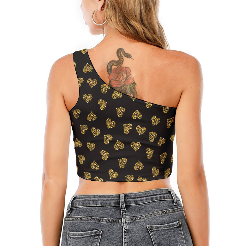 Gold Heart (NOT Real) Glitter Print One Shoulder Crop Top