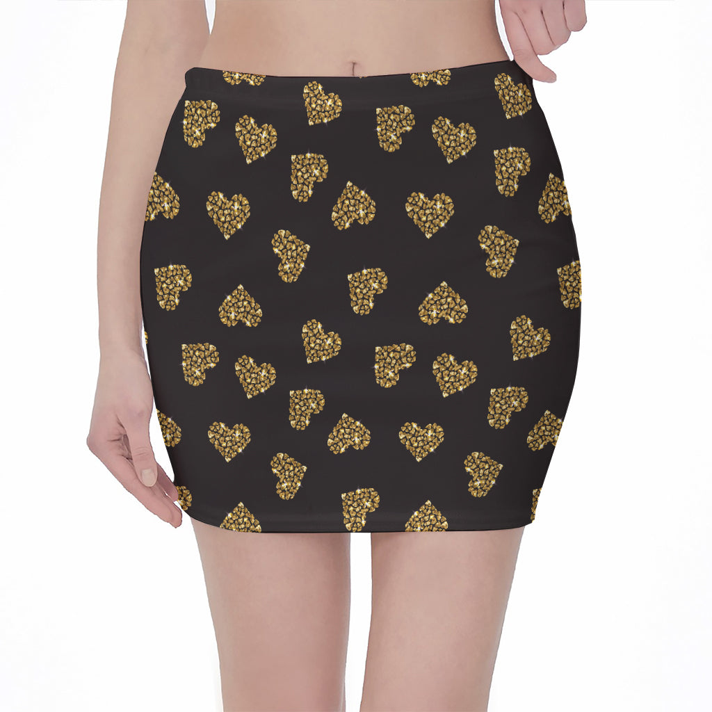 Gold Heart (NOT Real) Glitter Print Pencil Mini Skirt