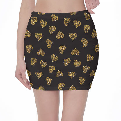 Gold Heart (NOT Real) Glitter Print Pencil Mini Skirt