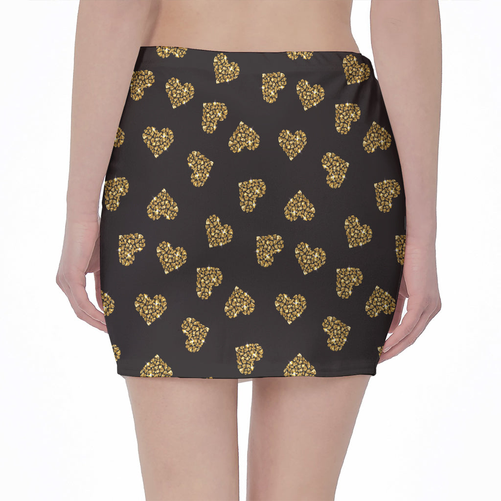 Gold Heart (NOT Real) Glitter Print Pencil Mini Skirt