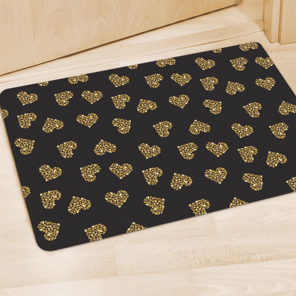 Gold Heart (NOT Real) Glitter Print Polyester Doormat