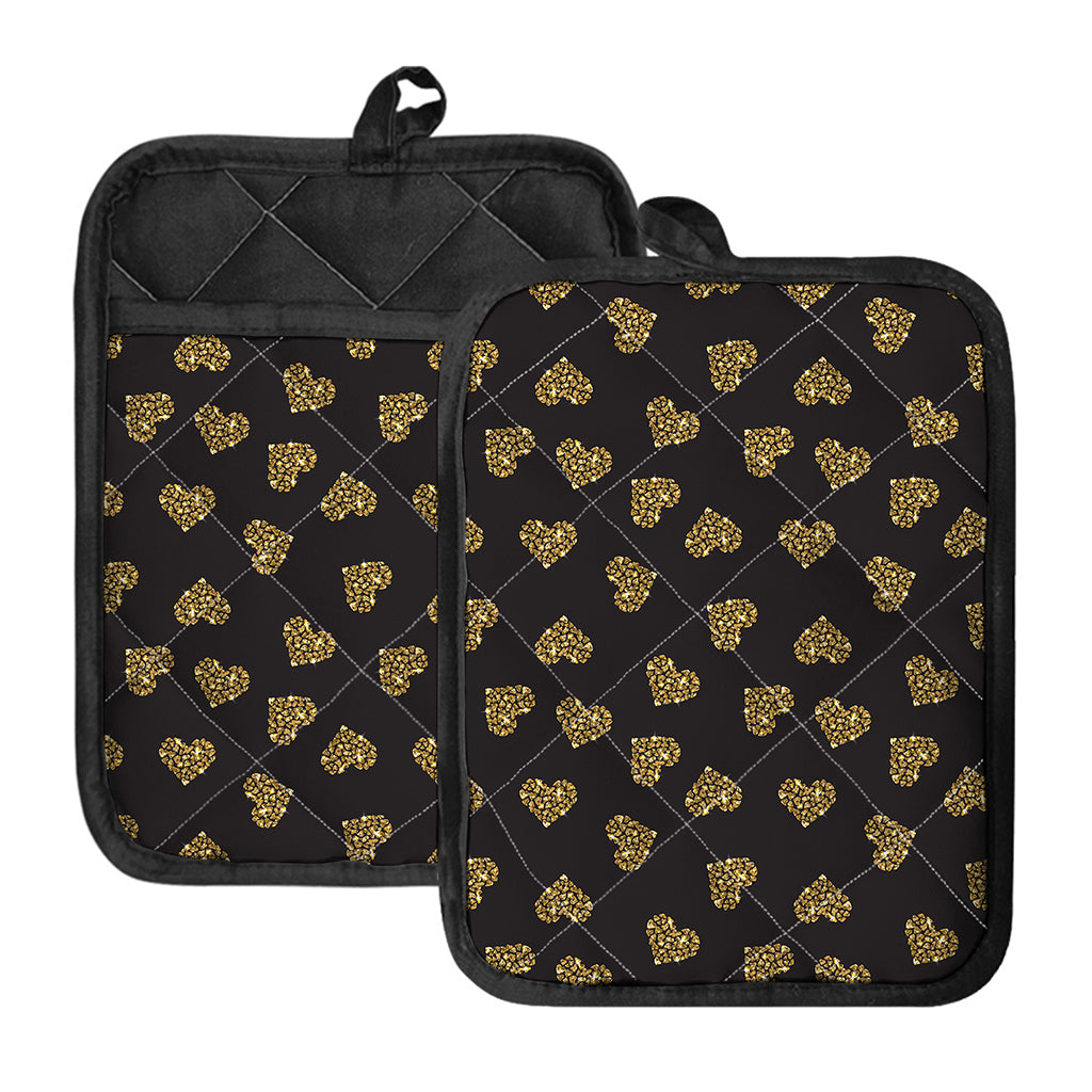 Gold Heart (NOT Real) Glitter Print Pot Holders With Pocket