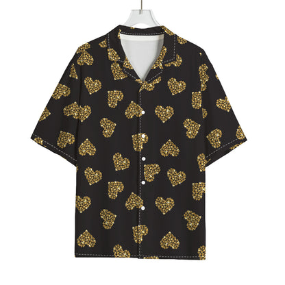 Gold Heart (NOT Real) Glitter Print Rayon Hawaiian Shirt