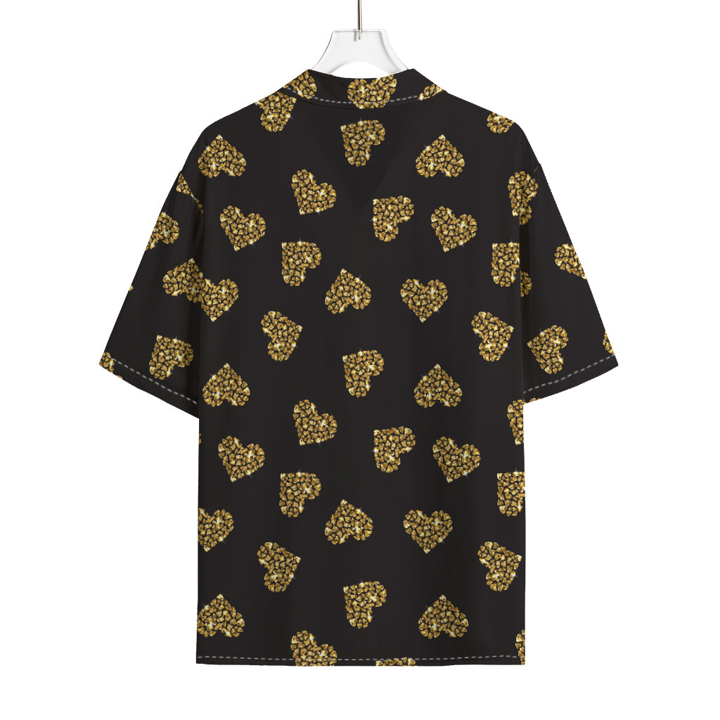 Gold Heart (NOT Real) Glitter Print Rayon Hawaiian Shirt