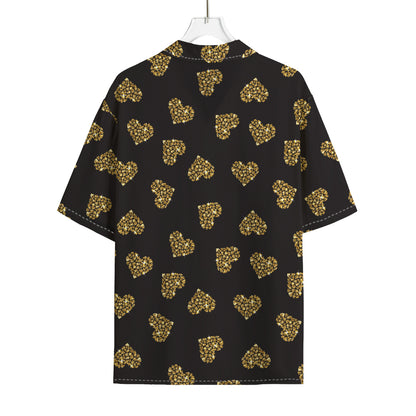 Gold Heart (NOT Real) Glitter Print Rayon Hawaiian Shirt
