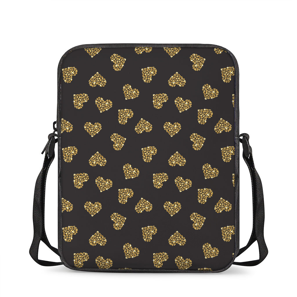 Gold Heart (NOT Real) Glitter Print Rectangular Crossbody Bag