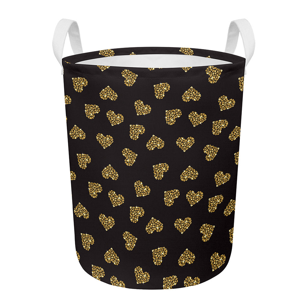 Gold Heart (NOT Real) Glitter Print Round Laundry Basket