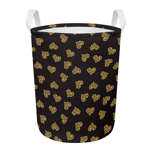 Gold Heart (NOT Real) Glitter Print Round Laundry Basket