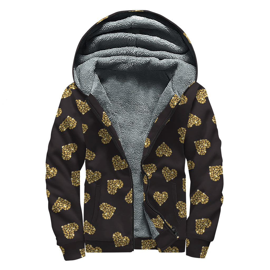 Gold Heart (NOT Real) Glitter Print Sherpa Lined Zip Up Hoodie