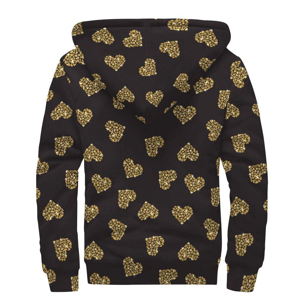 Gold Heart (NOT Real) Glitter Print Sherpa Lined Zip Up Hoodie
