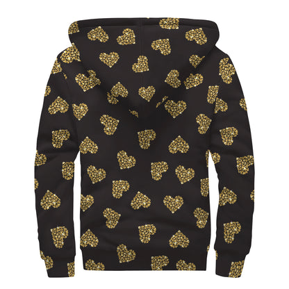 Gold Heart (NOT Real) Glitter Print Sherpa Lined Zip Up Hoodie