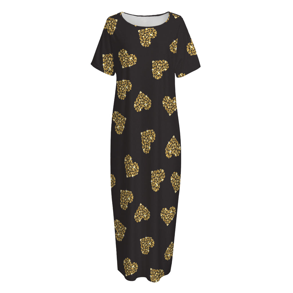 Gold Heart (NOT Real) Glitter Print Short Sleeve Long Nightdress