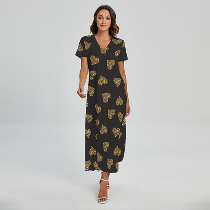 Gold Heart (NOT Real) Glitter Print Short Sleeve Maxi Dress