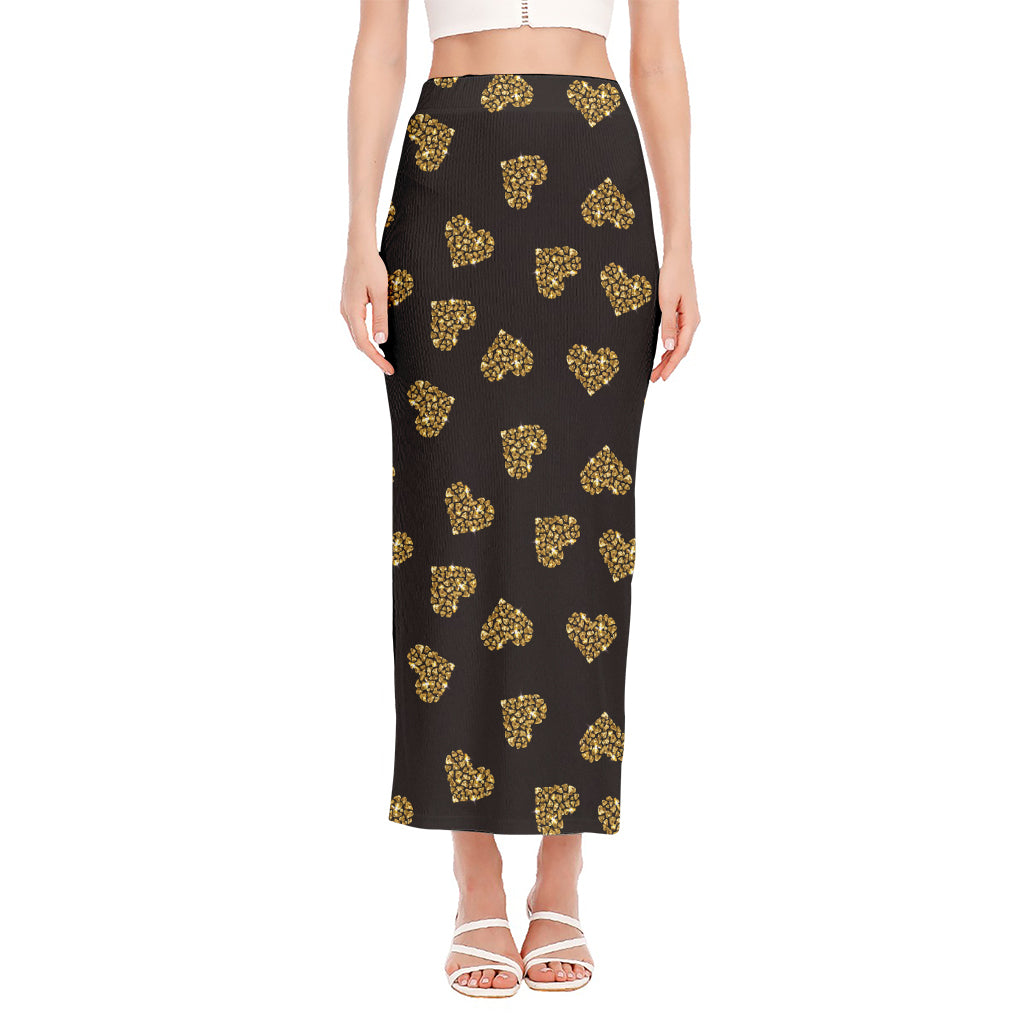Gold Heart (NOT Real) Glitter Print Side Slit Maxi Skirt
