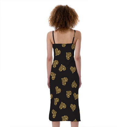 Gold Heart (NOT Real) Glitter Print Slim Fit Midi Cami Dress