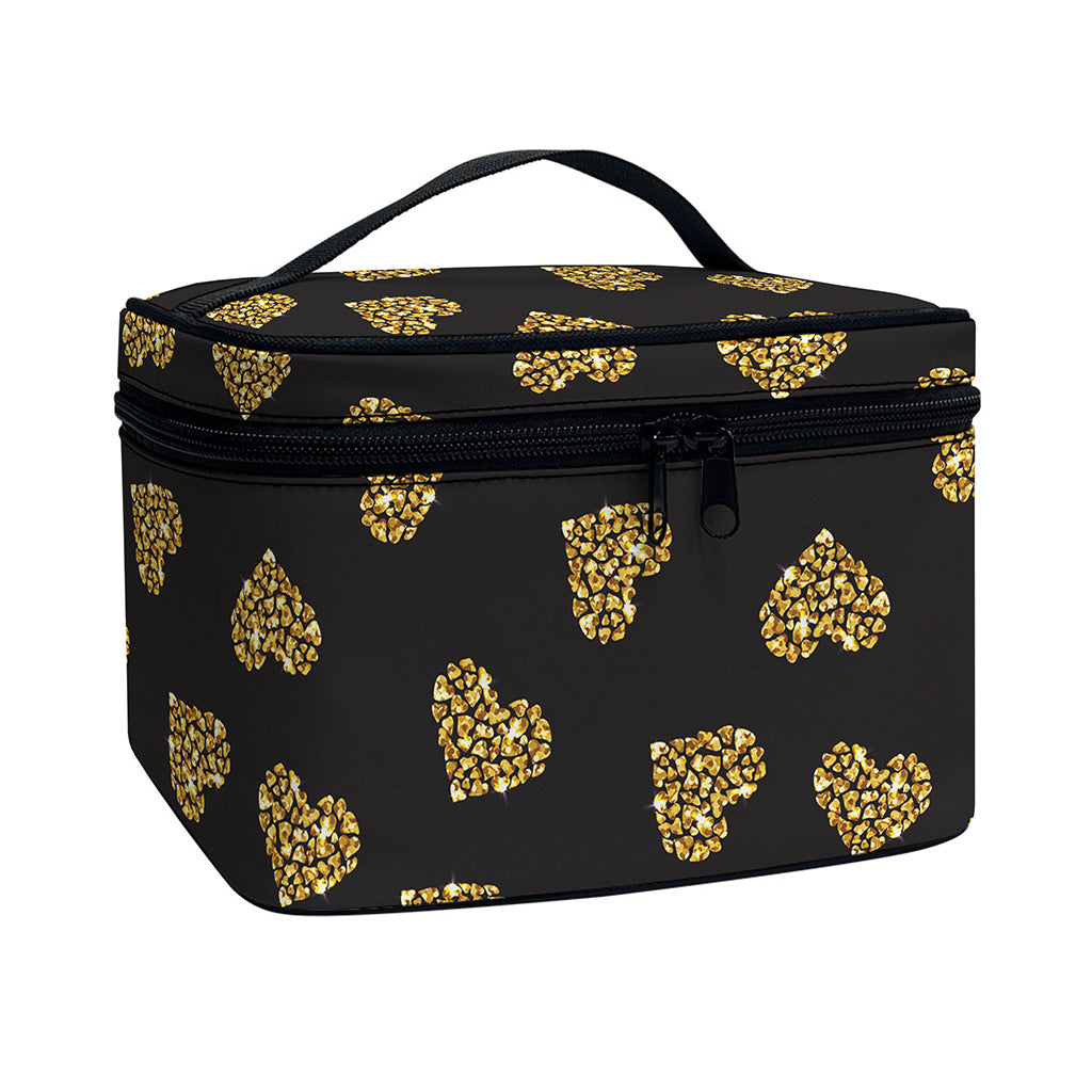 Gold Heart (NOT Real) Glitter Print Travel Makeup Bag