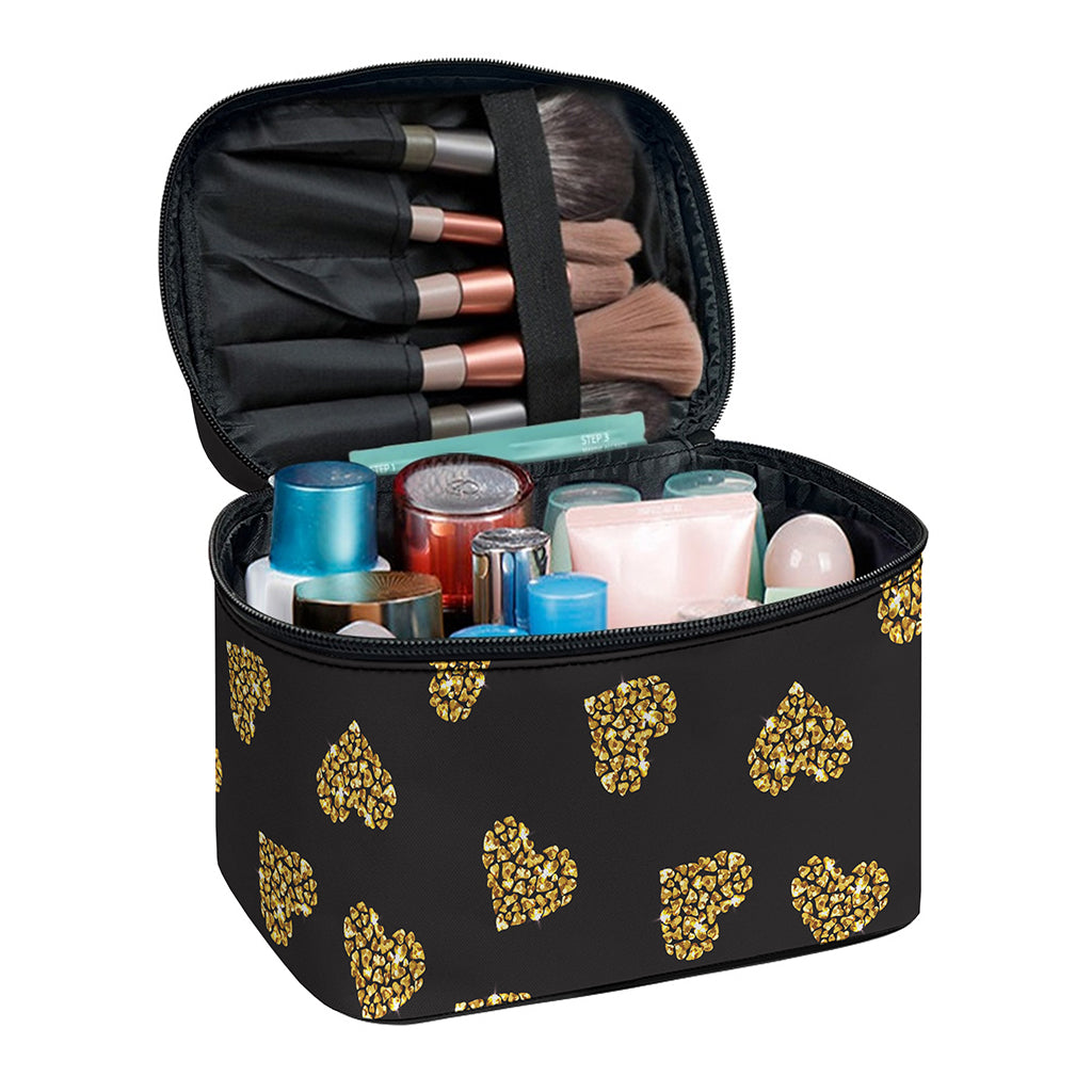Gold Heart (NOT Real) Glitter Print Travel Makeup Bag