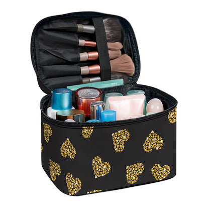 Gold Heart (NOT Real) Glitter Print Travel Makeup Bag