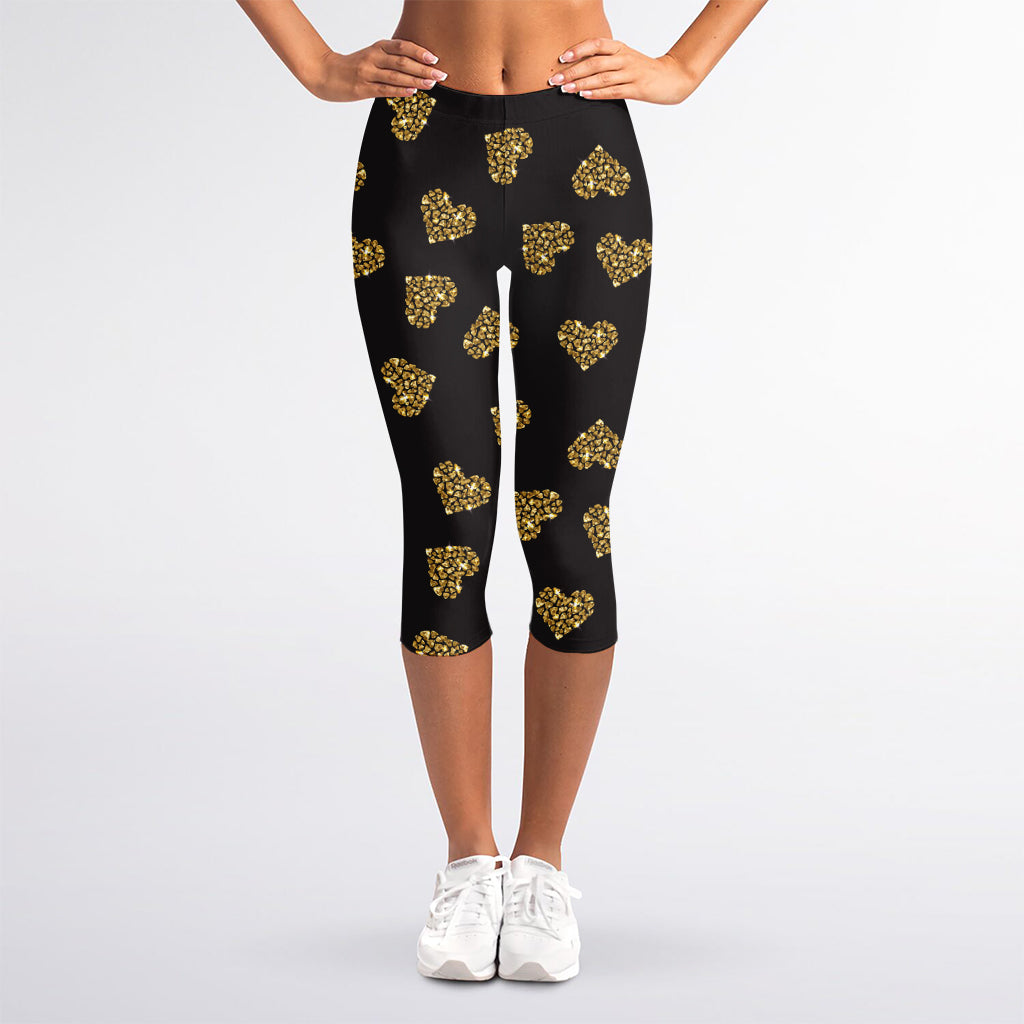 Gold Heart (NOT Real) Glitter Print Women's Capri Leggings