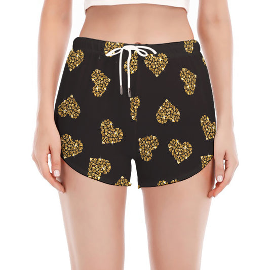 Gold Heart (NOT Real) Glitter Print Women's Split Running Shorts