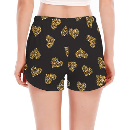 Gold Heart (NOT Real) Glitter Print Women's Split Running Shorts
